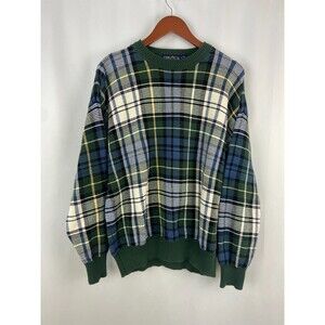 VTG Nautica Men's L Sweater Green Blue Plaid Cotton 90s Grandpa Preppy Crewneck
